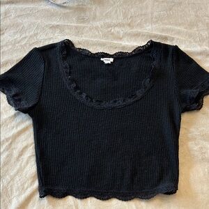 Garage black scoop neck, lace trim shirt